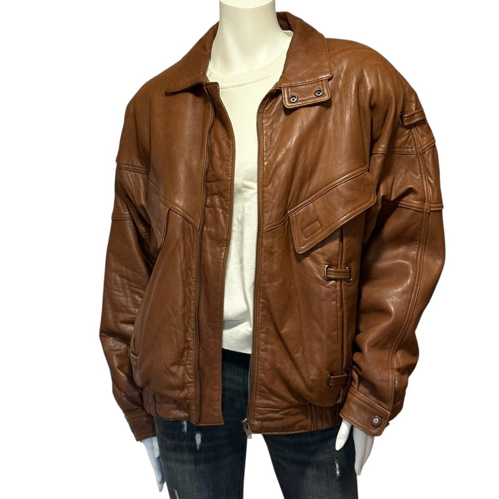 Stunning Oversized Brown Leather Bomber Boyfriend Jacket Buttery Soft